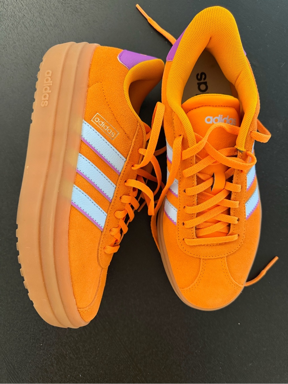 adidas Kids Bright Orange Sneakers with White Stripes and Purple Accents